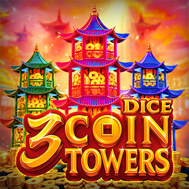 3 Coin Towers Dice slot artwork showing three colorful pagoda towers filled with golden coins