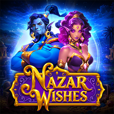 Nazar Wishes game logo with genie and sorceress characters on a night sky background.