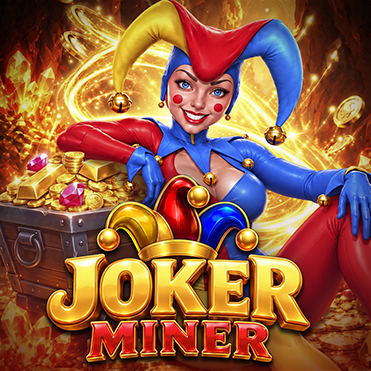 Joker Miner slot by Endorphina featuring a colorful female jester in a red, blue and gold costume beside a treasure chest filled with gold coins and gems.