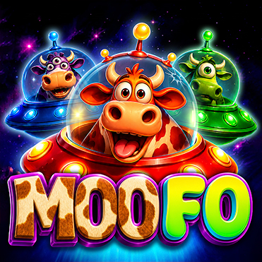 Moo Fo game logo featuring a smiling cow in a flying saucer with two alien cows in UFOs against a colorful outer space background.