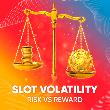 Golden balance scale comparing coins and a slot symbol on a red, yellow, and blue background representing slot volatility, risk vs reward, and slot variance in online casino games. 