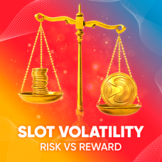 Golden balance scale comparing coins and a slot symbol on a red, yellow, and blue background representing slot volatility, risk vs reward, and slot variance in online casino games. 
