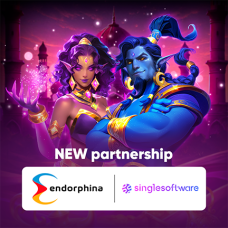 Promotional artwork announcing the new partnership between Endorphina and SingleSoftware, featuring two fantasy-inspired characters in purple and blue tones above the logos of both companies against a glowing casino-themed background.