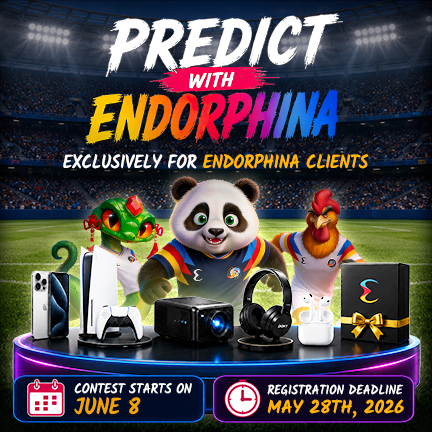 Endorphina World Cup Prediction Contest 2026 promotional banner featuring football-themed mascots, luxury prizes including PlayStation, smartphone, headphones, projector, and contest dates for Endorphina clients.