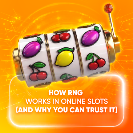 Ilustración 3D de una máquina tragamonedas en línea con símbolos de frutas y un fondo naranja resplandeciente que promociona un blog sobre cómo funciona el RNG en las tragamonedas en línea y su imparcialidad.