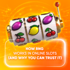 3D online slot machine illustration with fruit symbols and glowing orange background promoting a blog about how RNG works in online slots and slot machine fairness.