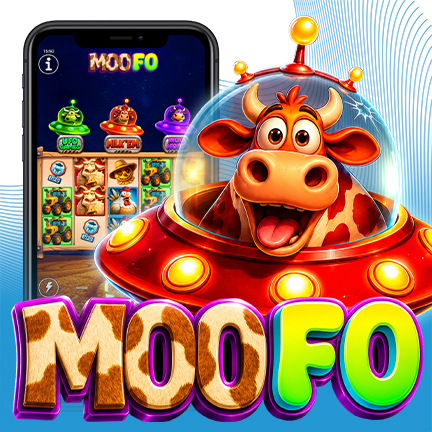 Ilustración promocional de Moo Fo con tres vacas caricaturescas en coloridos OVNIs volando por el espacio sobre el logotipo del juego Moo Fo.