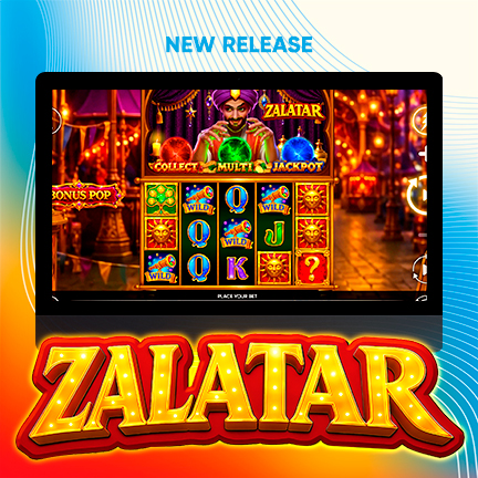 Zalatar slot game cover by Endorphina featuring a mystical fortune teller with a glowing crystal ball, magical marketplace, gold coins and colorful gemstones.