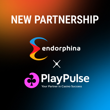 Endorphina and PlayPulse partnership announcement with both company logos on a dark gradient background.