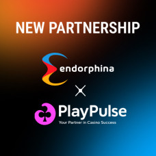 Endorphina and PlayPulse partnership announcement with both company logos on a dark gradient background.