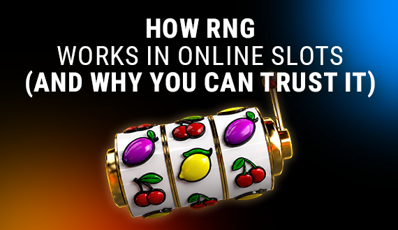 Ilustração 3D de uma máquina caça-níquel on-line com símbolos de frutas e fundo laranja brilhante, promovendo um blog sobre como o RNG funciona nos caça-níqueis on-line e a imparcialidade dos slots.