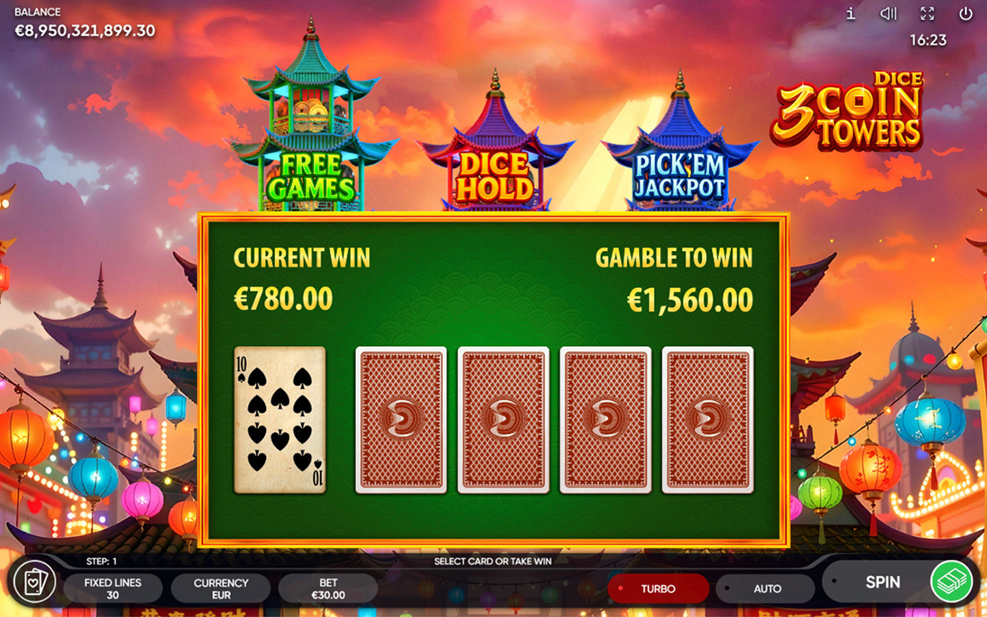 3 Coin Towers Dice Risk Game showing card selection and gamble-to-win feature