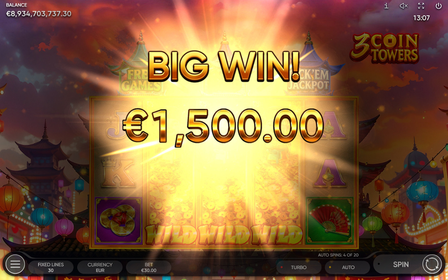 image showing a big win in Endorphina's new slot game 3 Coin Towers