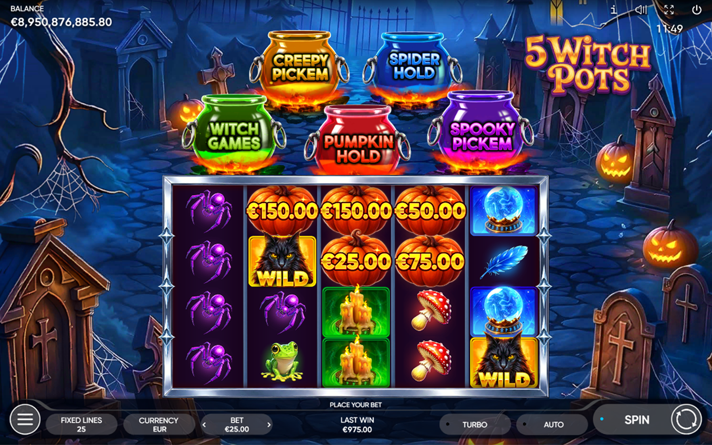 5 Witch Pots online slot game by Endorphina featuring colorful magical cauldrons, pumpkins, black cats, spiders, and glowing symbols in a spooky Halloween graveyard setting.