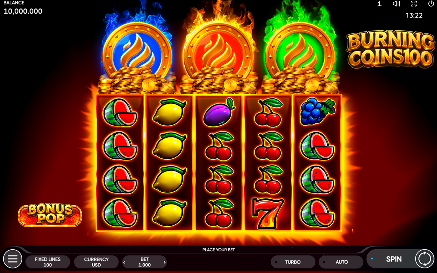 Burning Coins 100 gameplay showing classic fruit symbols, three flaming bonus coins, the Bonus Pop button, and the game logo.