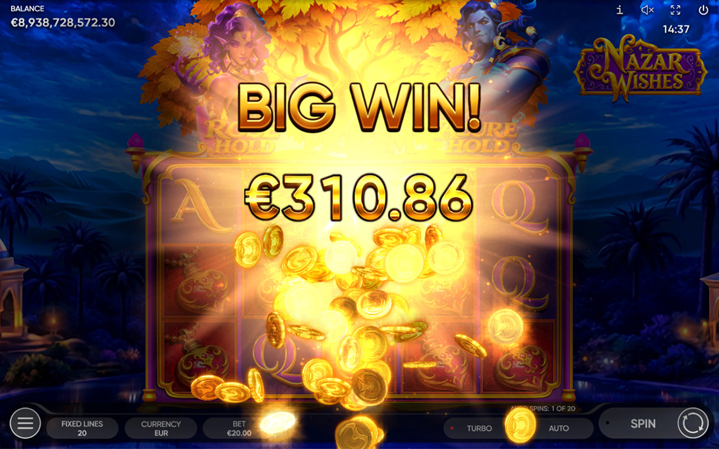Big Win screen in Endorphina’s Nazar Wishes slot showing €310.86 payout with golden coins animation over the game reels.