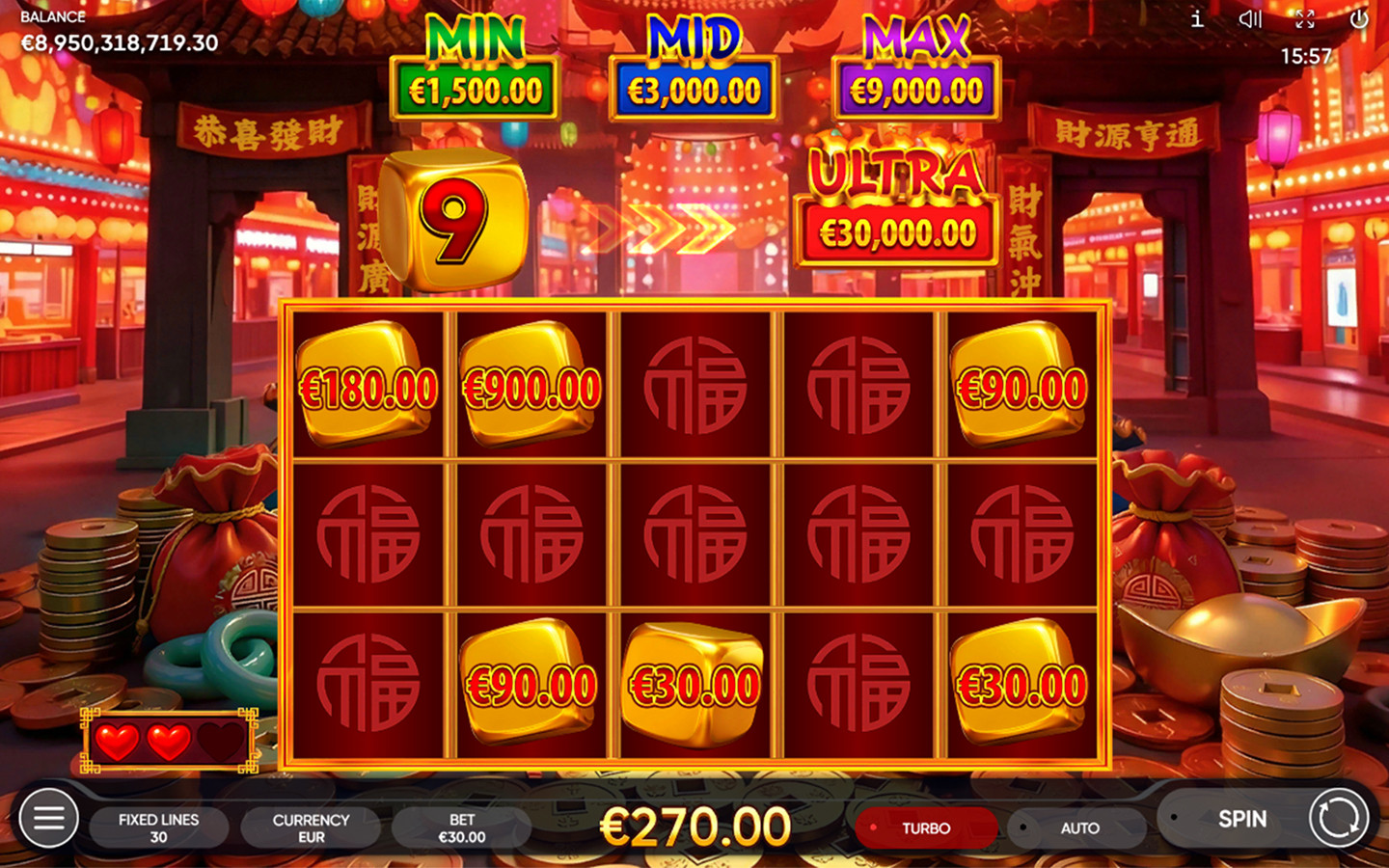 3 Coin Towers Dice Hold Bonus Game showing cash prizes and MIN, MID, MAX and ULTRA jackpots