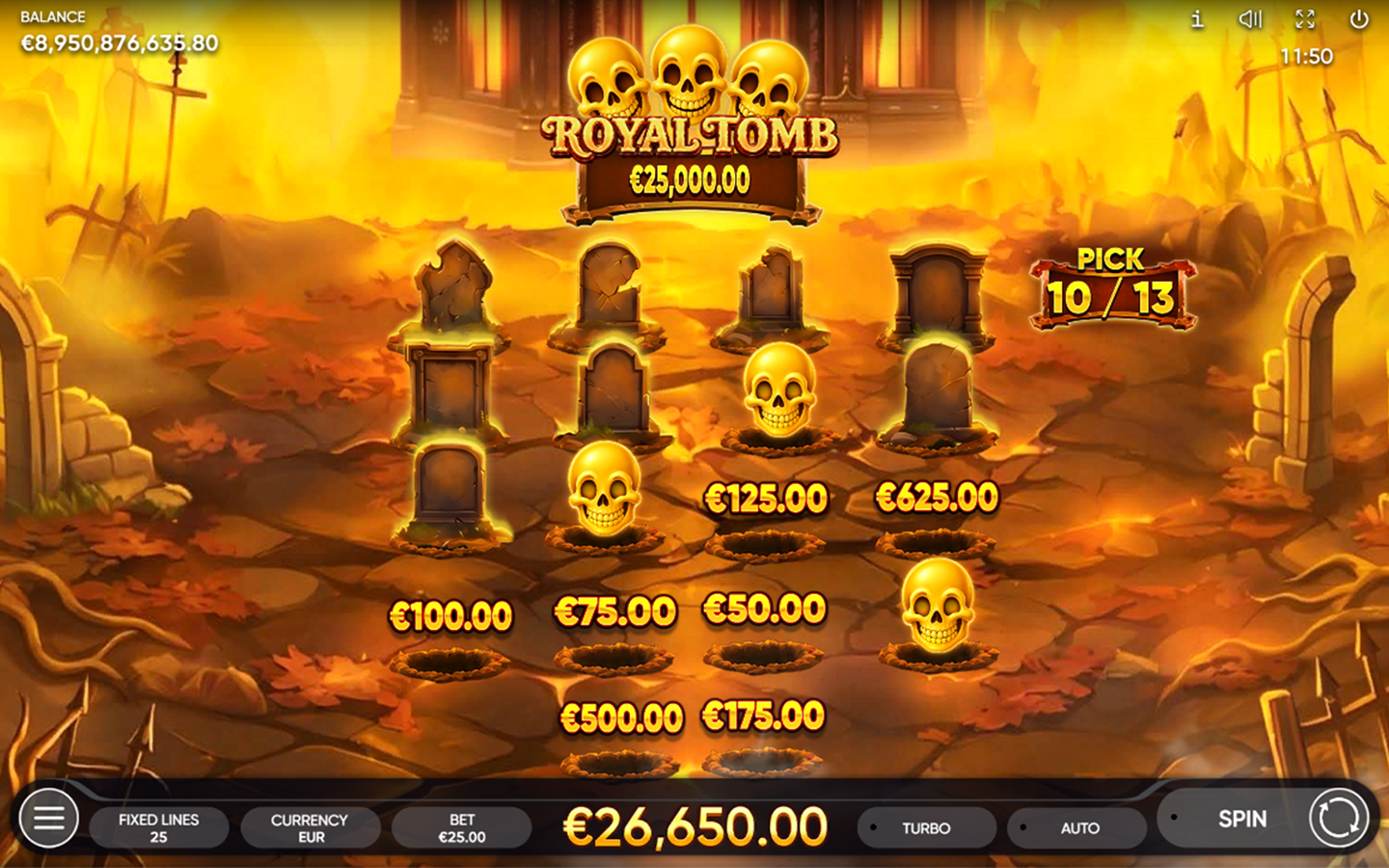 5 Witch Pots online slot by Endorphina featuring the Royal Tomb bonus with golden skulls, ancient gravestones, and a glowing Halloween cemetery.