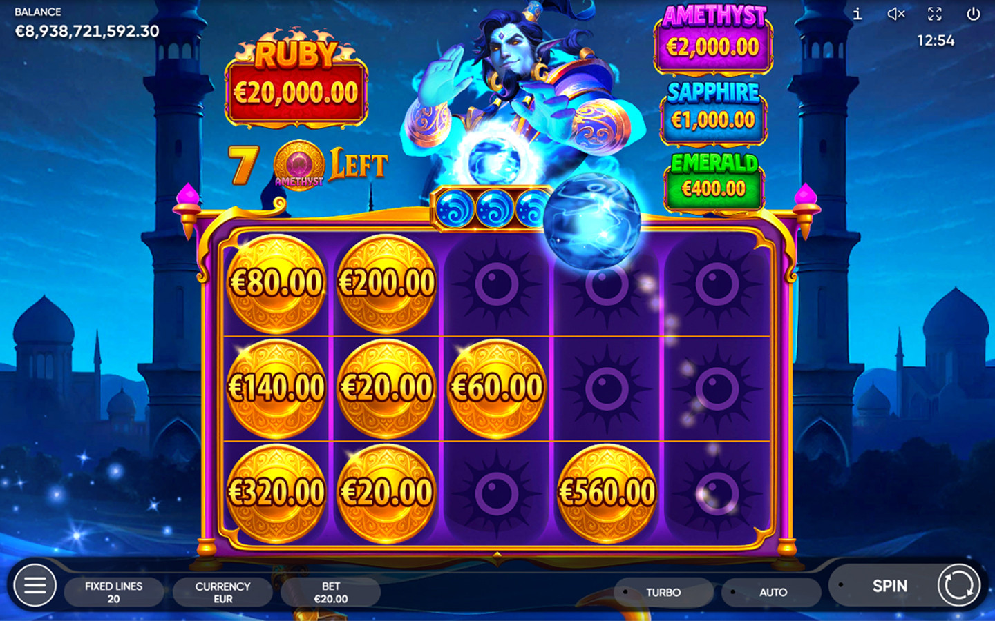 Nazar Wishes bonus hold-and-win screen showing coin values on reels, jackpots on the side, and a genie character above the grid.