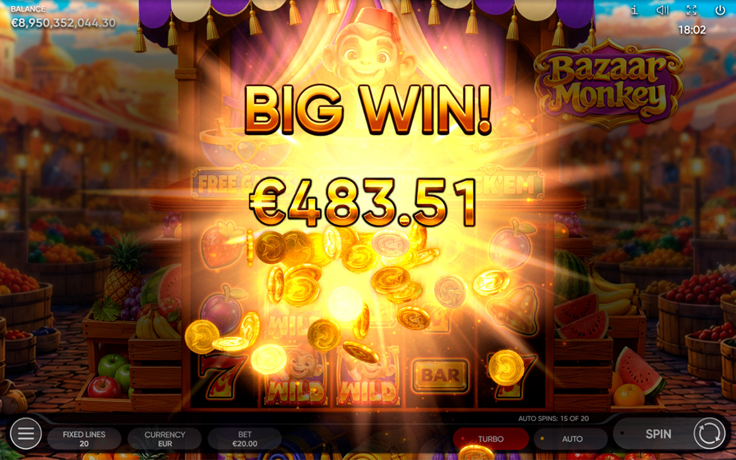 Bazaar Monkey slot by Endorphina showing a Big Win of €483.51 with flying gold coins, fruit symbols and Wild monkey symbols on the reels, with Free Games, Hold and Win, and Pick’Em features displayed above