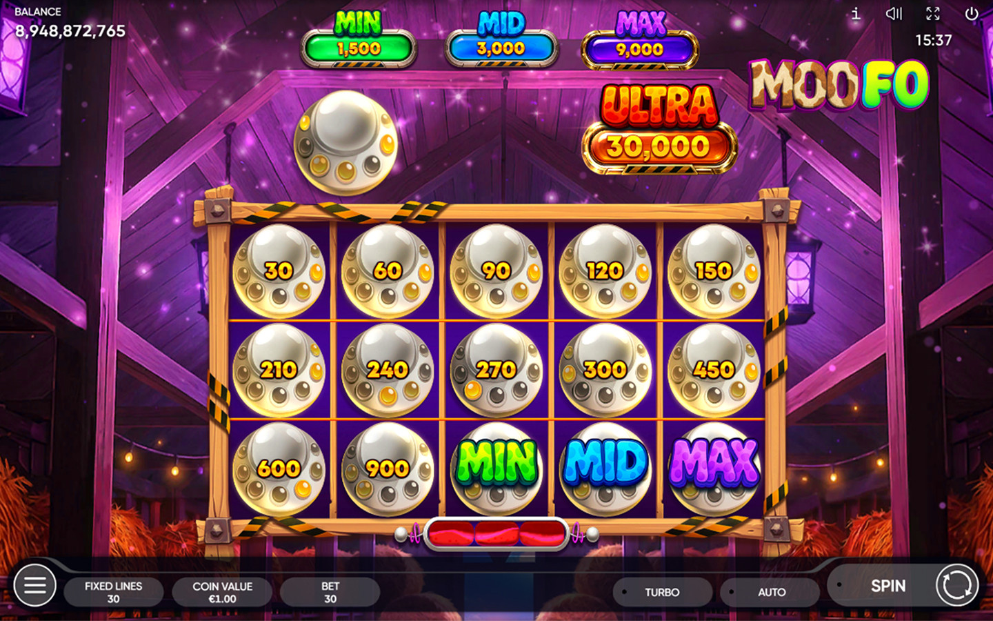 MooFo bonus game showing UFO prize discs, jackpot symbols, and Min, Mid, Max, and Ultra jackpot values on a farm-themed bonus board.