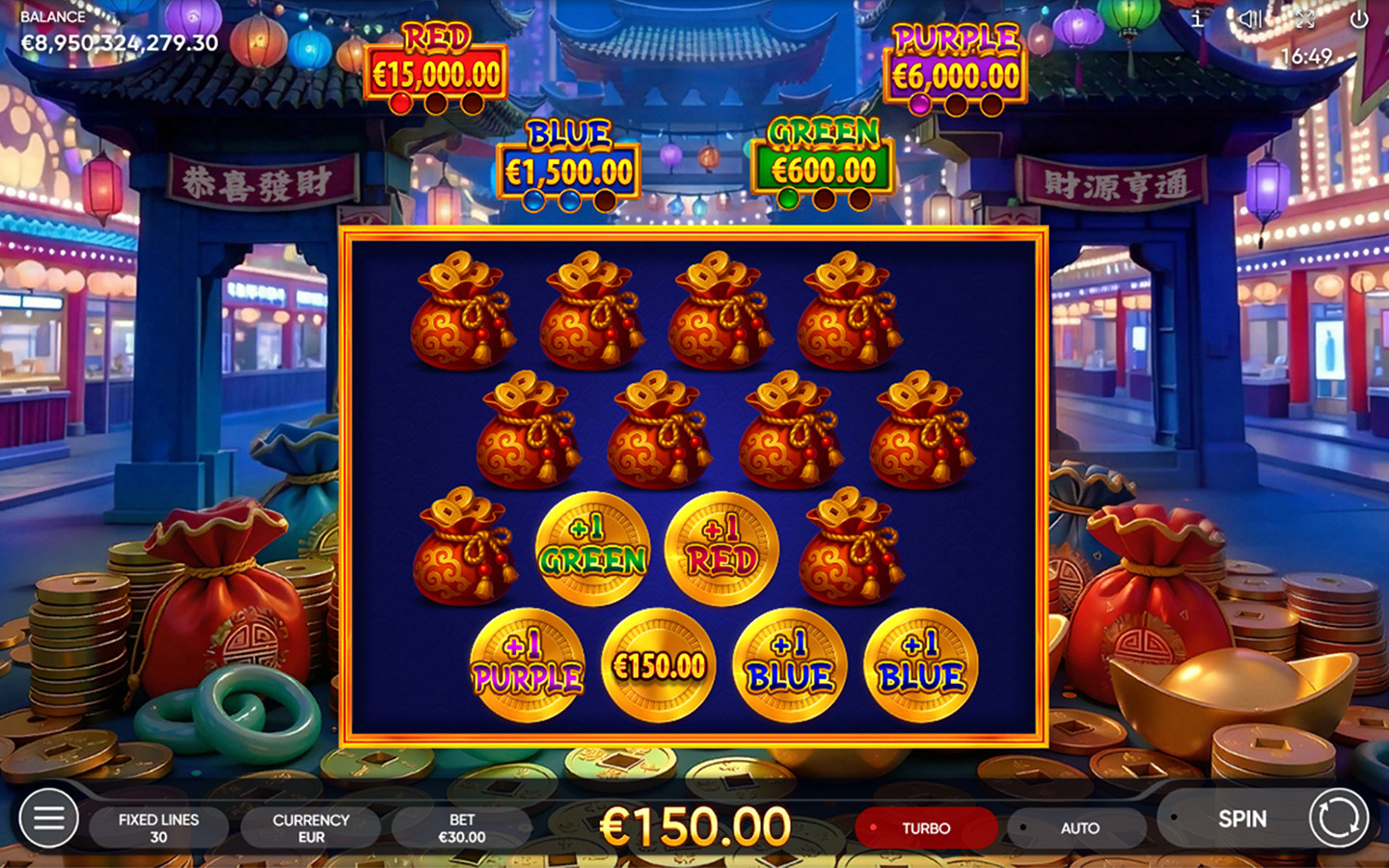 3 Coin Towers Dice bonus game showing colored prize coins and cash rewards