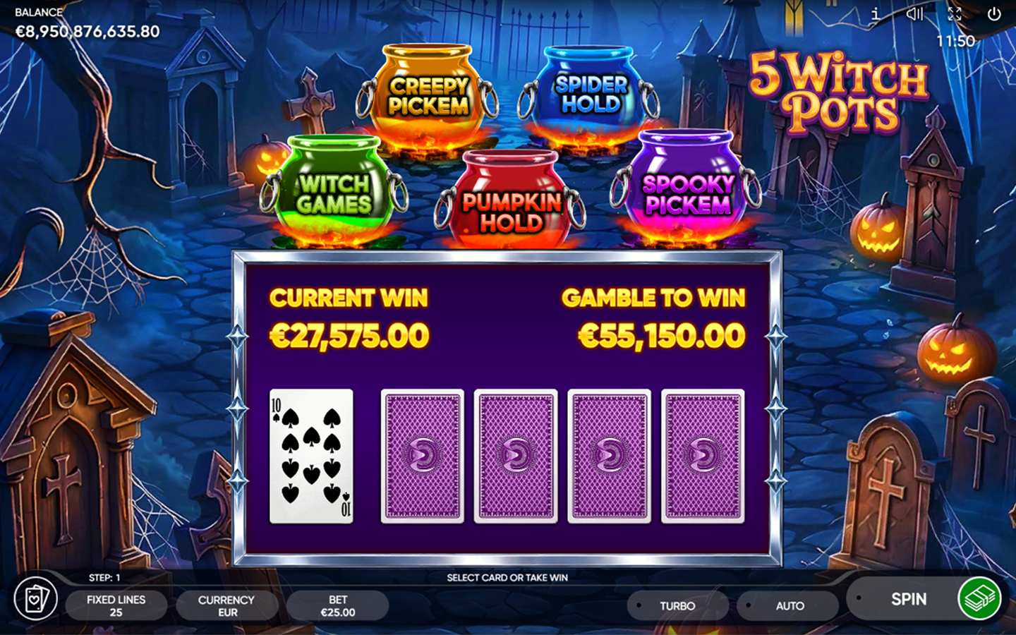 5 Witch Pots slot game by Endorphina showing a card gamble feature surrounded by colorful witch cauldrons in a spooky graveyard setting.
