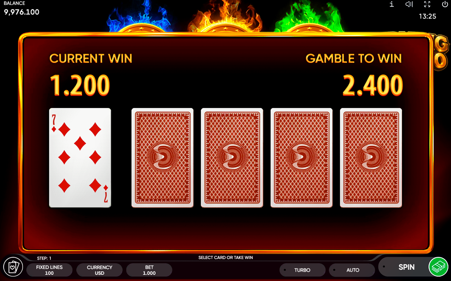 Burning Coins 100 Risk Game showing a seven of diamonds, four face-down playing cards, and a chance to double a 1,200-credit win.