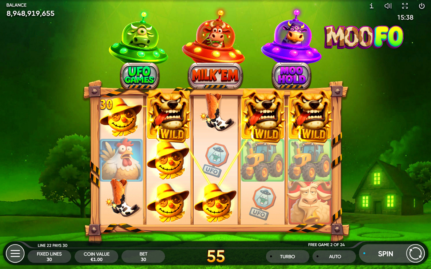 MooFo gameplay showing stacked Wild symbols, UFO bonus meters, farm symbols, and a 55-credit win during Free Games.