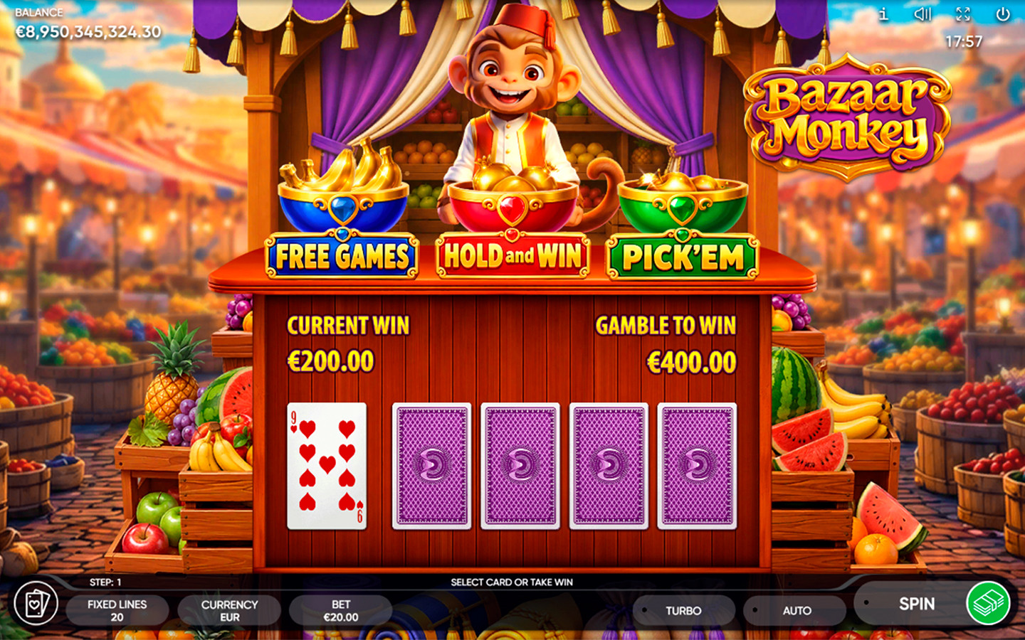 Bazaar Monkey slot by Endorphina showing the Risk Game with a €200.00 current win and €400.00 gamble-to-win amount, a 9 of hearts and four face-down cards, with Free Games, Hold and Win, and Pick’Em features displayed above