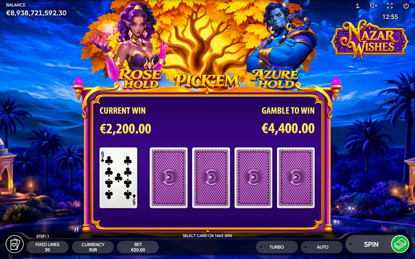 Nazar Wishes gamble feature screen showing current win €2,200 and card pick option to gamble for €4,400.