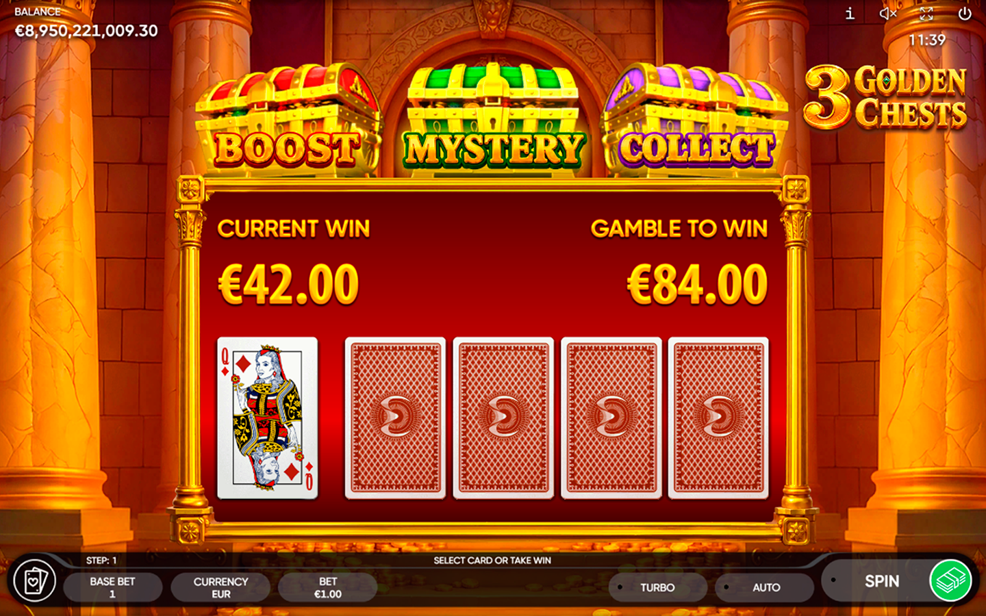 3 Golden Chests by Endorphina gamble feature showing a €42 current win and €84 gamble prize with playing card selection