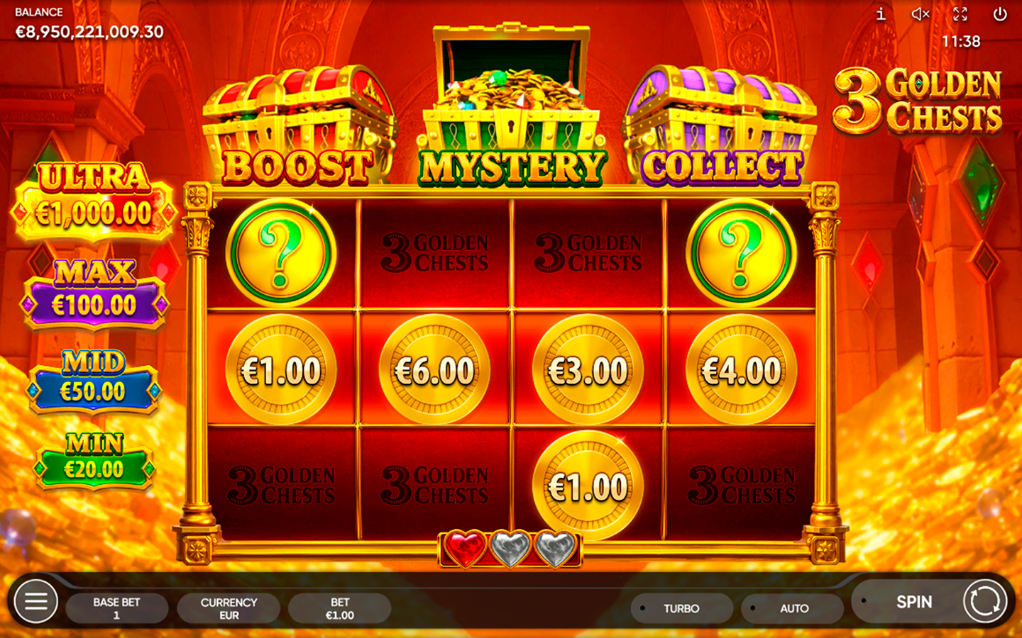 Endorphina 3 Golden Chests slot Mystery feature with question mark symbols, cash prizes and Hold and Win bonus grid