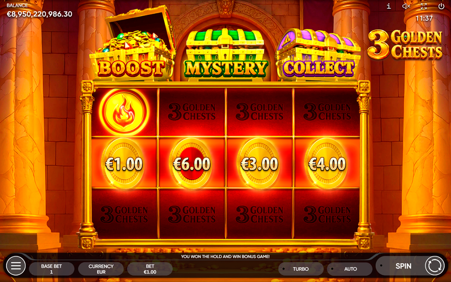 Endorphina 3 Golden Chests Hold and Win bonus game showing Boost fire symbol and €1, €3, €4 and €6 cash prizes