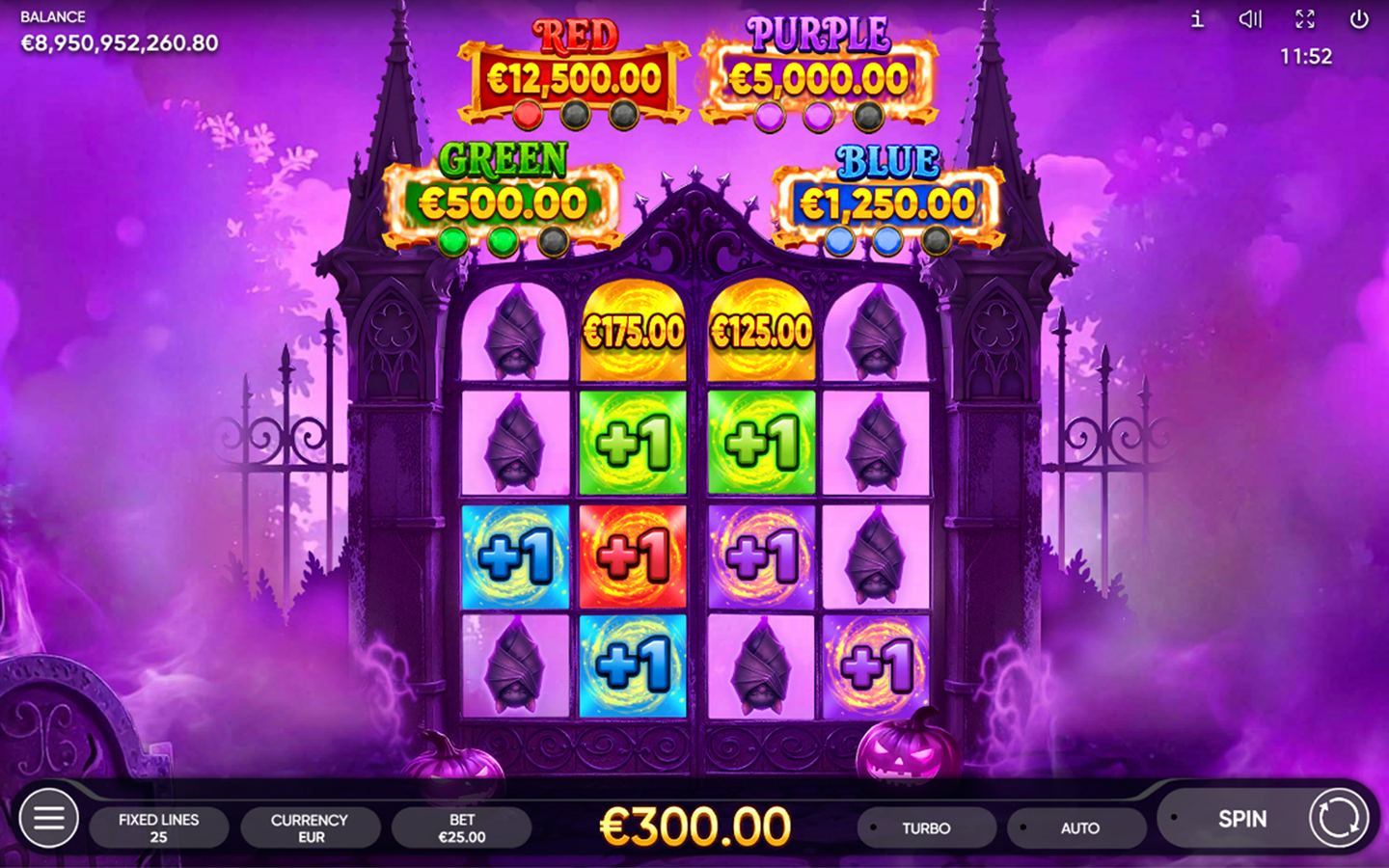 5 Witch Pots Halloween slot by Endorphina featuring mysterious bats, colorful glowing symbols, and gothic gates against a purple misty background.