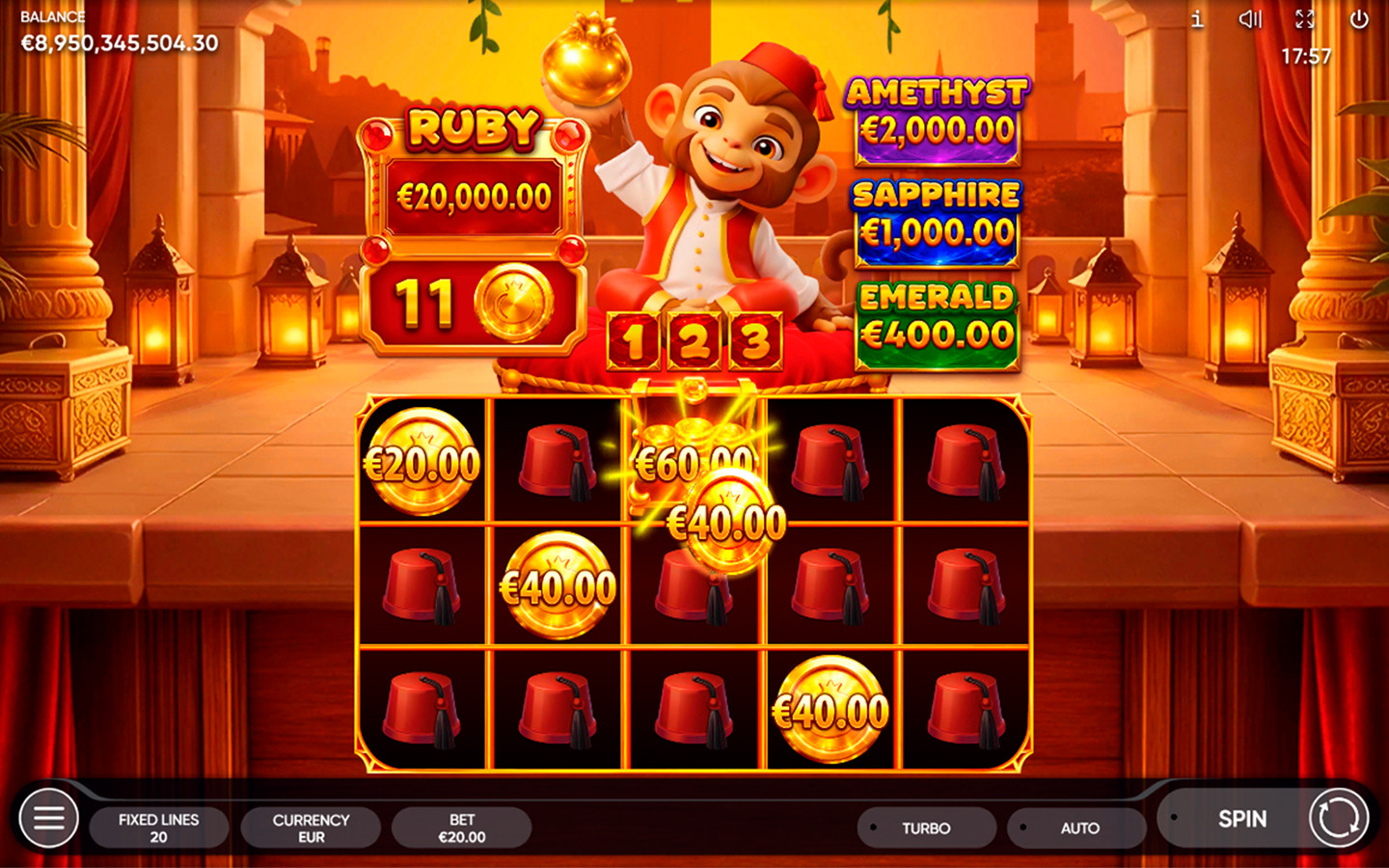 Bazaar Monkey slot by Endorphina showing a jackpot feature with coin values of €20, €40 and €60 on the grid, alongside Ruby €20,000, Amethyst €2,000, Sapphire €1,000 and Emerald €400 jackpots