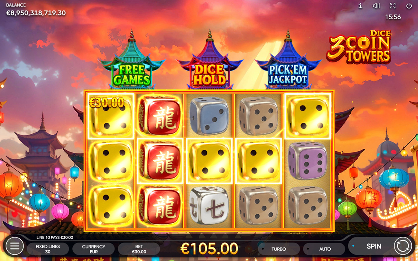 3 Coin Towers Dice gameplay showing five reels with glowing golden dice, red Chinese character symbols and a €30 winning payline against a lantern-lit Asian backdrop