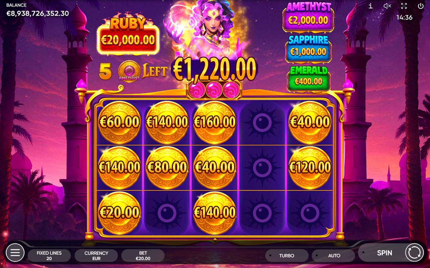 Nazar Wishes bonus screen showing coin values on the reels, jackpots on the side, and €1,220 total win displayed.