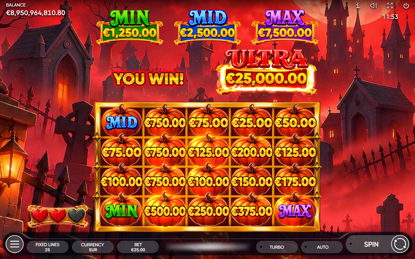 5 Witch Pots online slot by Endorphina displaying pumpkin symbols, jackpot prizes, and a fiery red Halloween graveyard with gothic castles.
