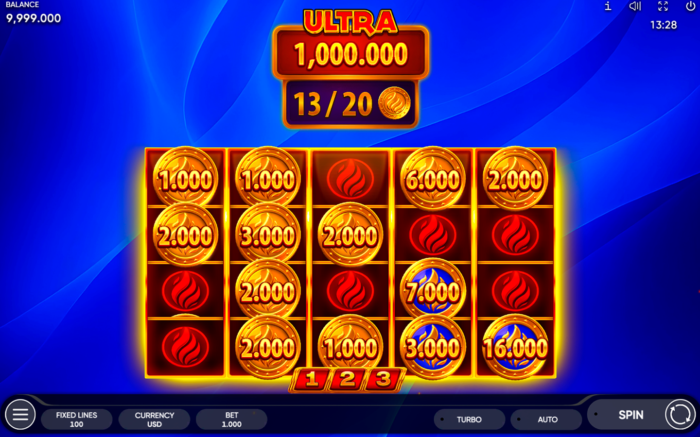 Burning Coins 100 Hold and Win bonus game with prize coins, blue Hot Hold Boost coins, and Ultra Jackpot progress at 13 of 20 coins.