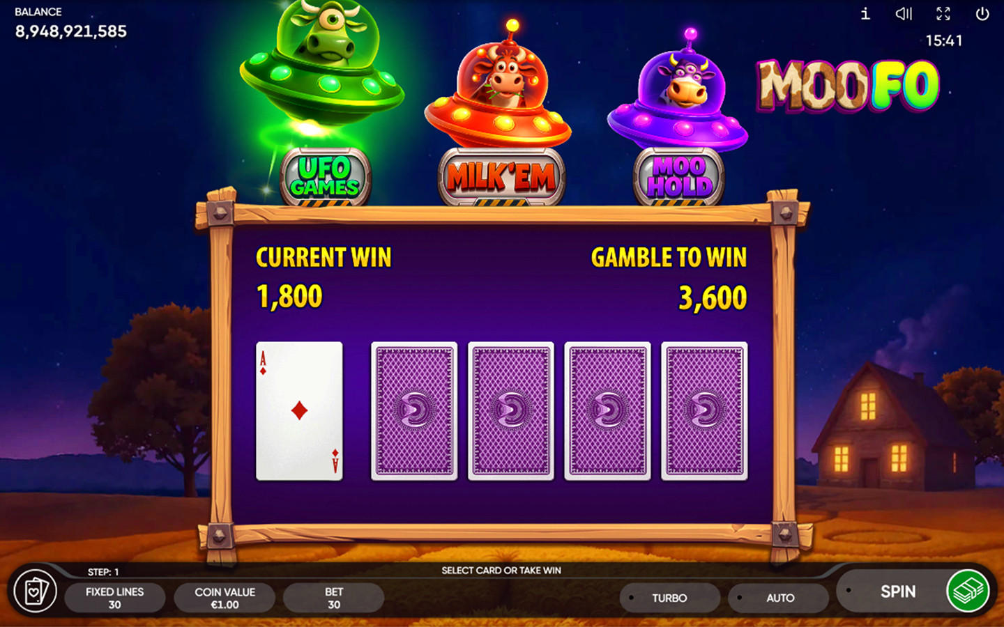 MooFo Risk Game screen showing four face-down cards and the option to double winnings from 1,800 to 3,600 credits.