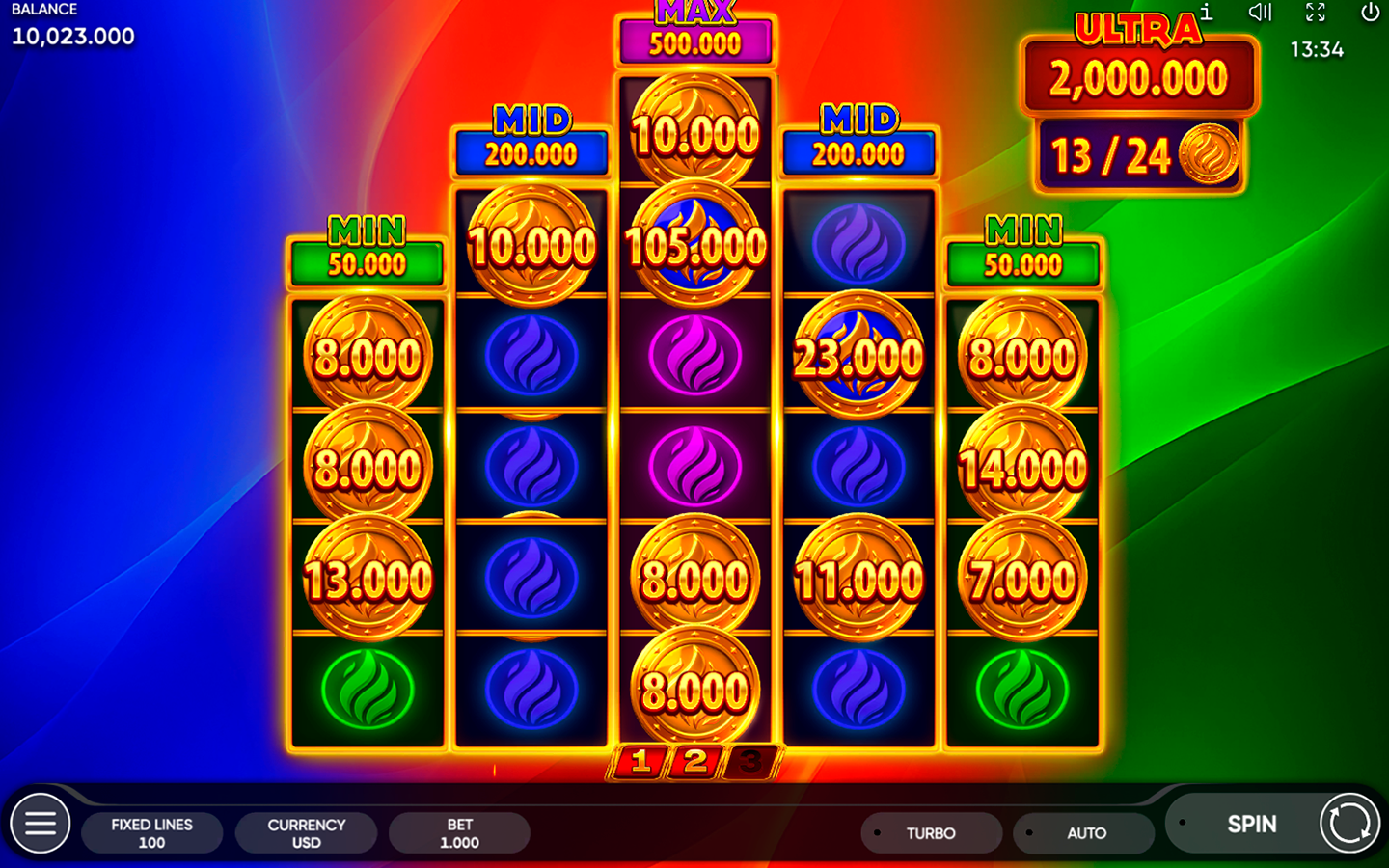 Burning Coins 100 Extended Bonus Game showing prize coins, colored Hot Hold Boost symbols, and Ultra Jackpot progress at 13 of 24 coins.