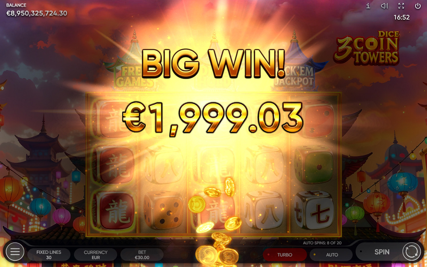 3 Coin Towers Dice gameplay showing a Big Win of €1,999.03 with golden coins over five reels of colorful dice symbols