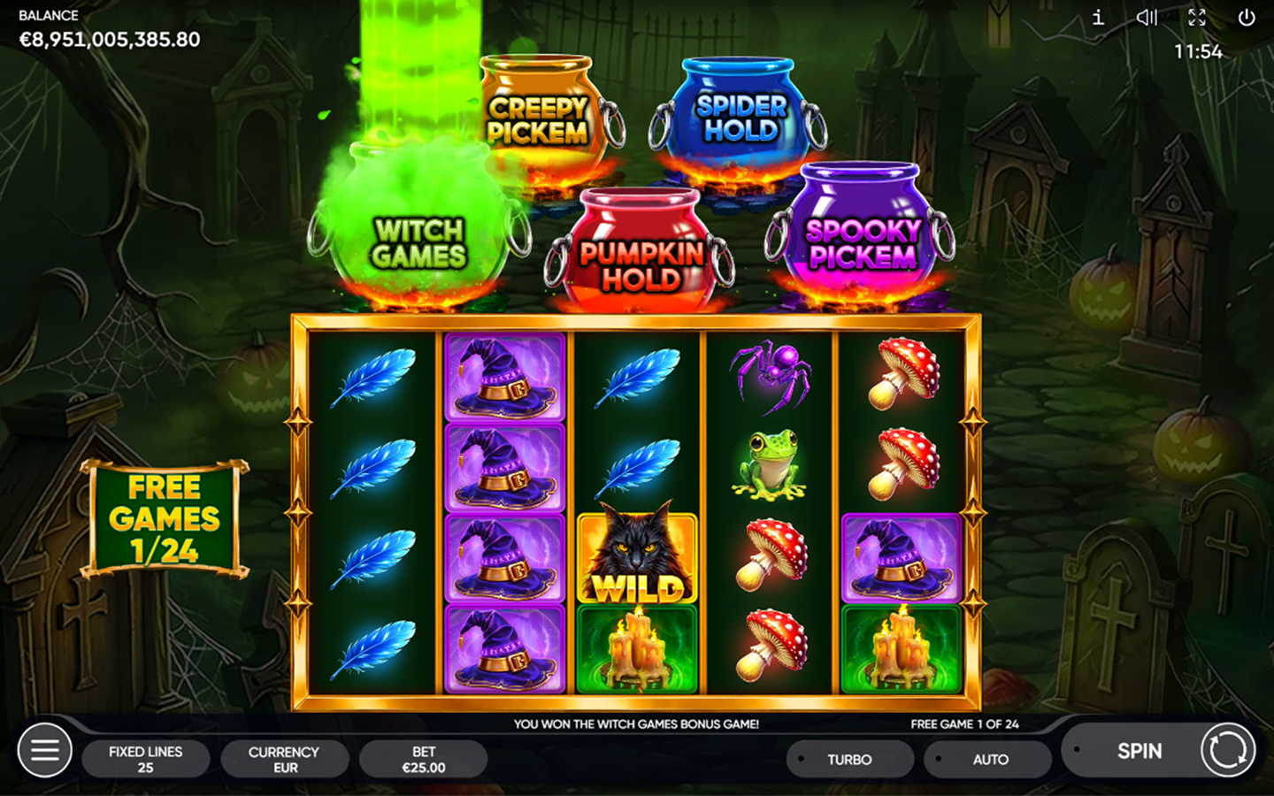 5 Witch Pots slot game by Endorphina featuring glowing green witch cauldrons, magical hats, black cats, and colorful symbols during free games.