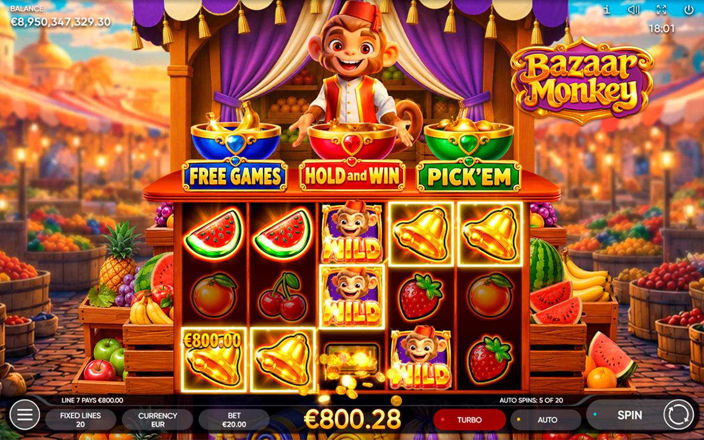 azaar Monkey slot by Endorphina showing an €800.28 win with Wild monkey symbols, golden bells and fruit symbols on the reels, with Free Games, Hold and Win, and Pick’Em features displayed above