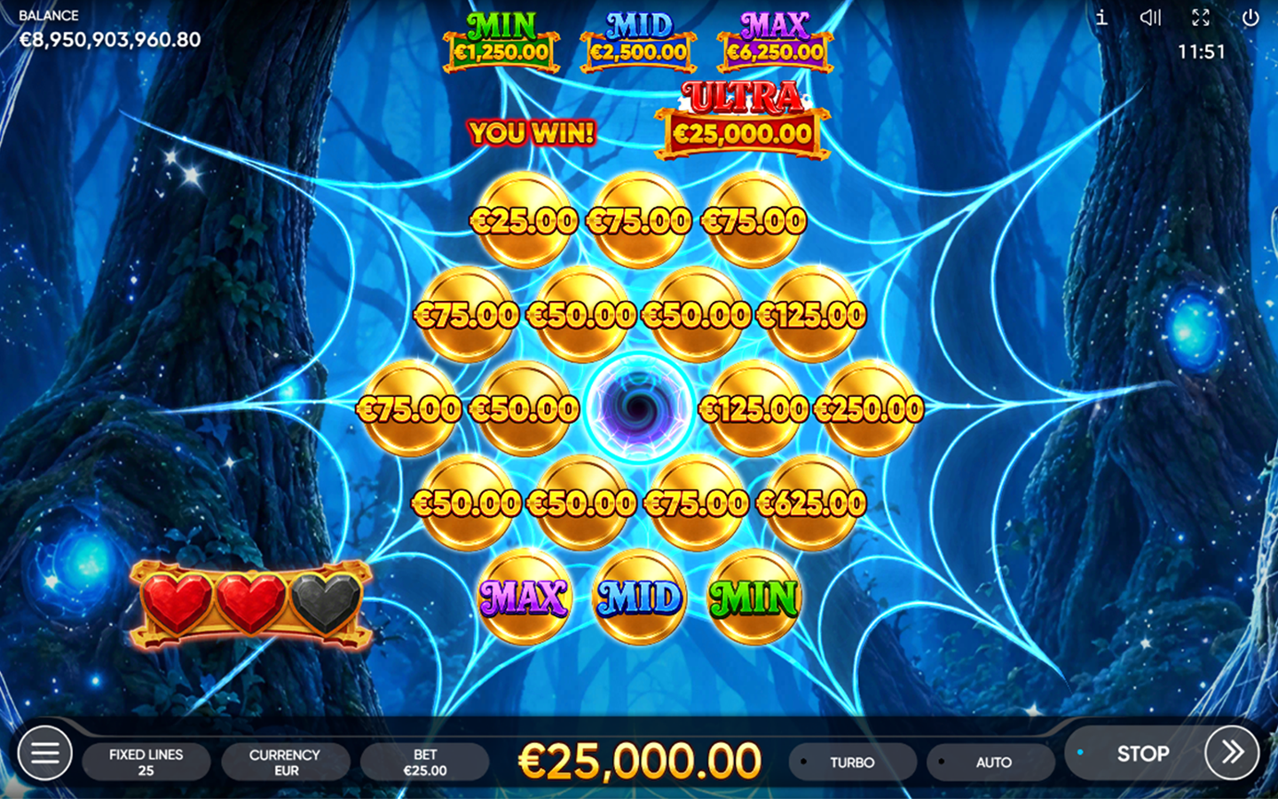 5 Witch Pots Halloween slot by Endorphina featuring golden coins arranged on a glowing spiderweb in an enchanted blue forest.