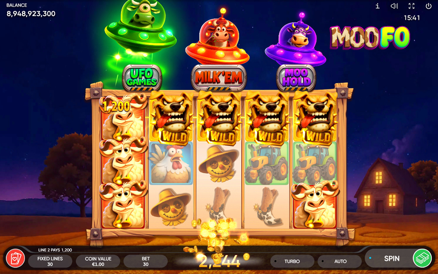 MooFo gameplay showing stacked goat symbols, Wild symbols, UFO bonus meters, and a 2,244-credit win on the farm-themed 5x4 slot.