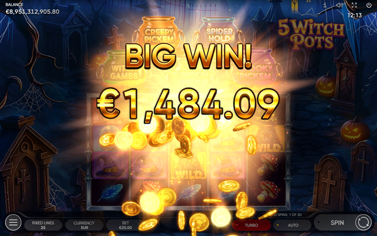 Big Win celebration in Endorphina's 5 Witch Pots online slot, featuring shining gold coins, magical symbols, and colorful witch cauldrons.