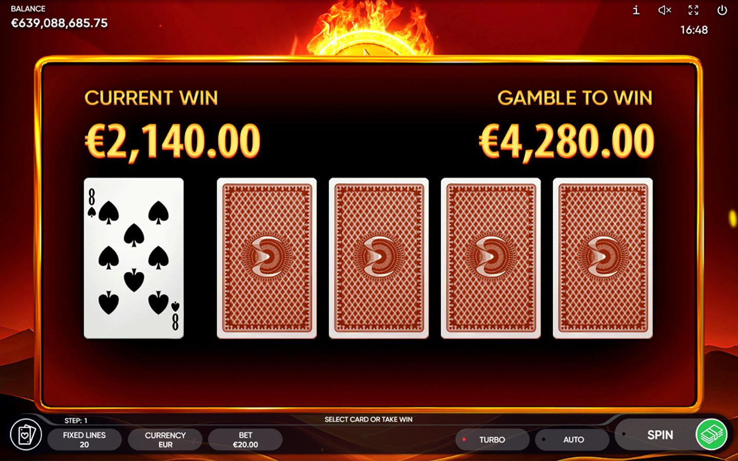 Burning Coins 20 Dice slot by Endorphina featuring the Risk Game with playing cards and a chance to double the current win