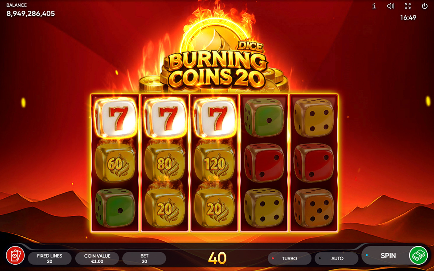 Burning Coins 20 Dice slot by Endorphina featuring lucky 7 symbols, burning coin prizes and colorful dice